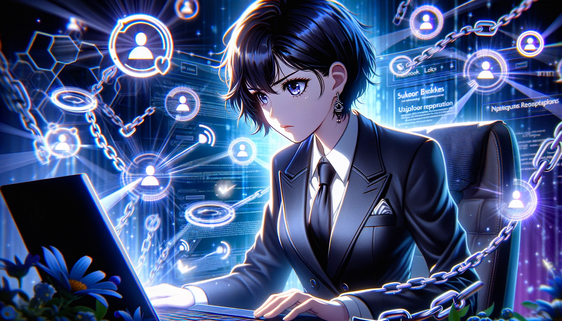 The illustration has been created, capturing the theme of identifying and fixing broken links for a Subfloor Preparation Company website. Surrounded by digital imagery of chains being linked together and glowing digital pathways, the scene emphasizes the importance of maintaining website SEO and user experience, all within the vibrant and magical atmosphere of a futuristic '90s magical girl manga anime series.