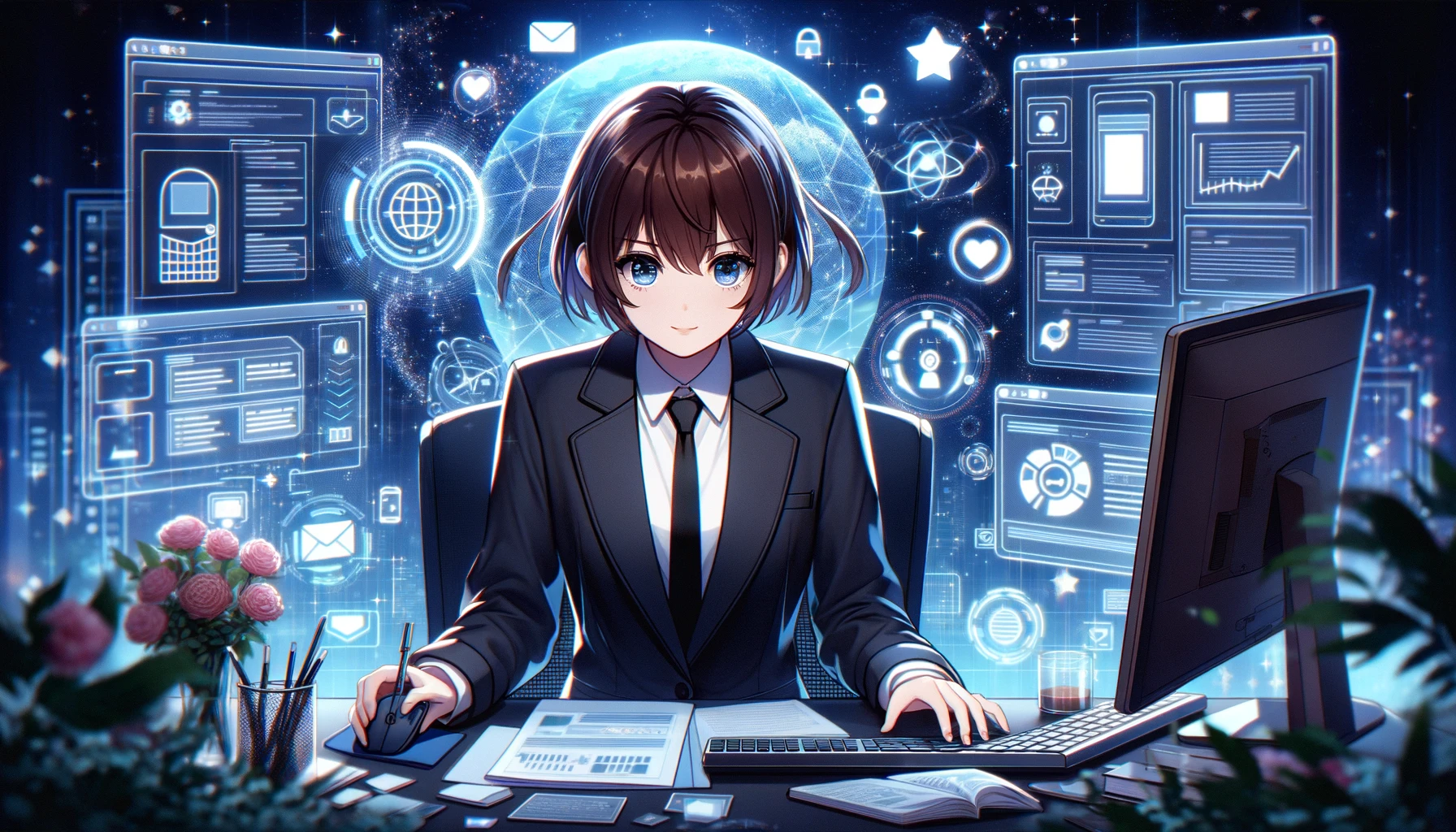 Mobile friendly websites: SEO Sempai at her computer, surrounded by symbols representing mobile-friendly website design. The scene is infused with magical energy and futuristic technology, emphasizing the importance of optimizing websites for mobile devices in today's digital landscape.